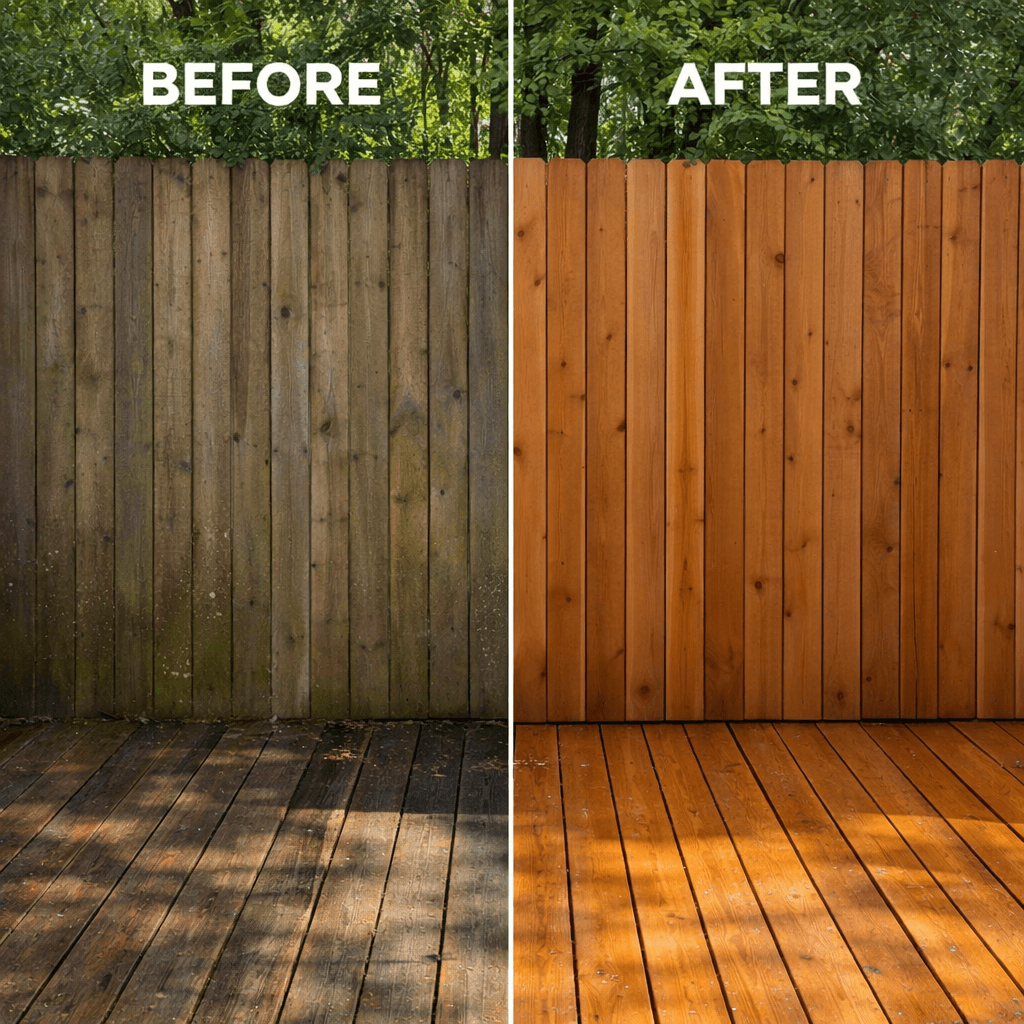 wood fence before-after cleaning with LWQ pressure washer